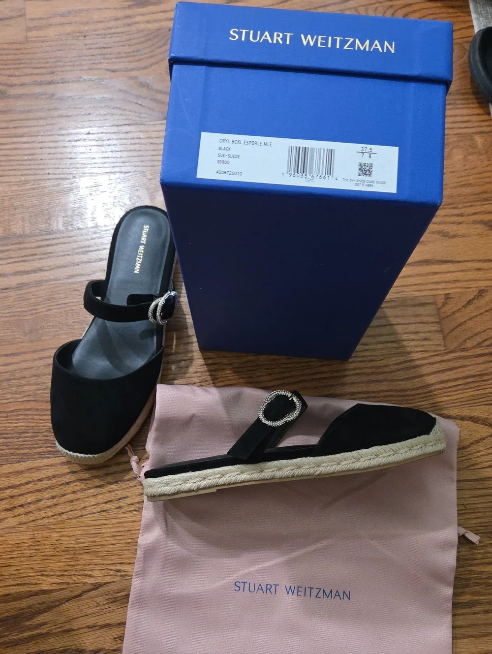 Stuart Weitzman Black Suede Crystal Buckle Espadrille Mule